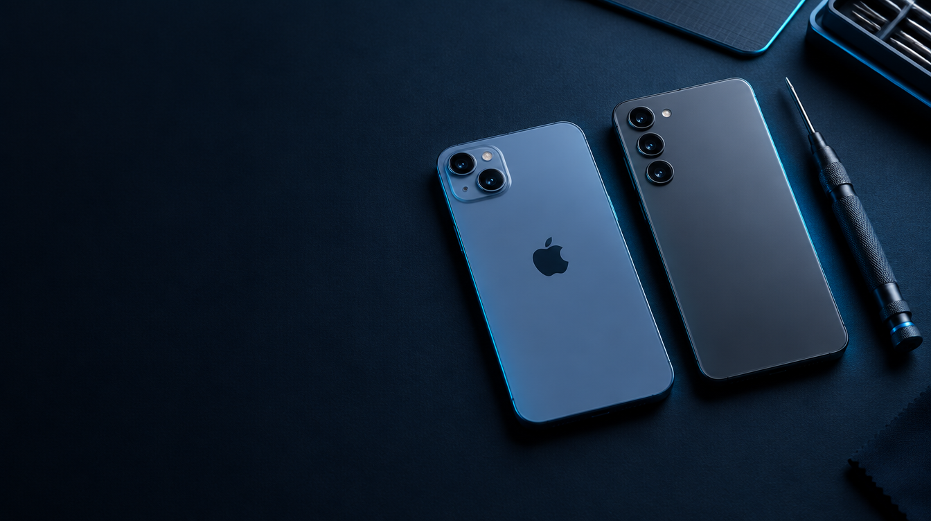 iPhone and Samsung Galaxy phones on a navy repair workbench